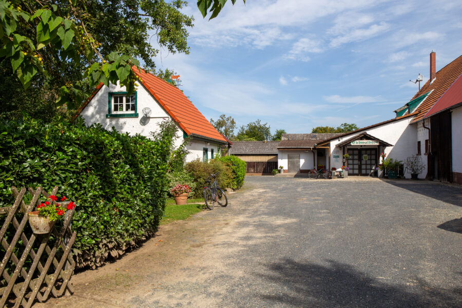 Blick von der Zufahrt auf das Demeter-Hofgut Eichwaldhof-Förster mit mehreren Gebäuden.