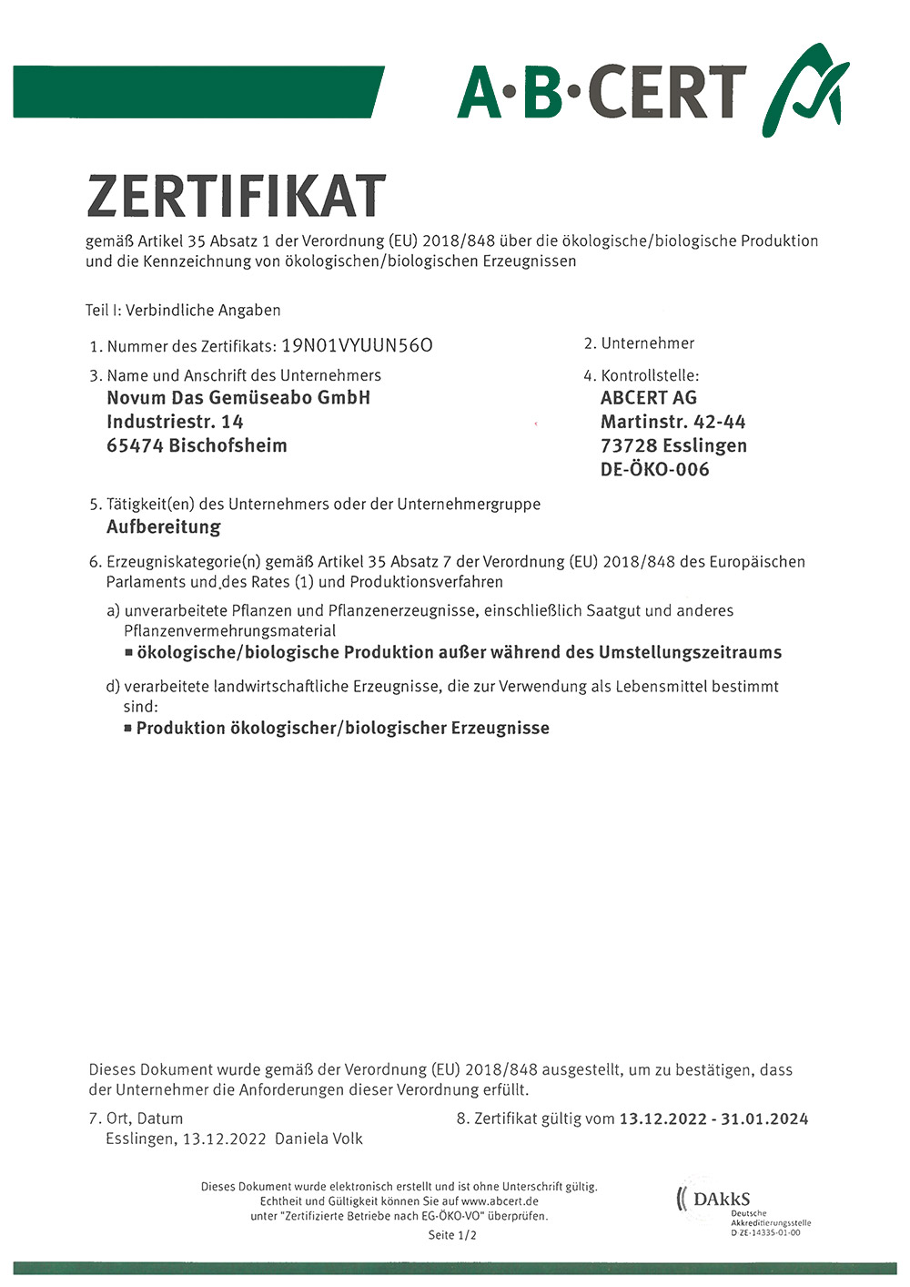 ABCERT Zertifikat von NOVUM – Das Obst- und Gemüseabo GmbH