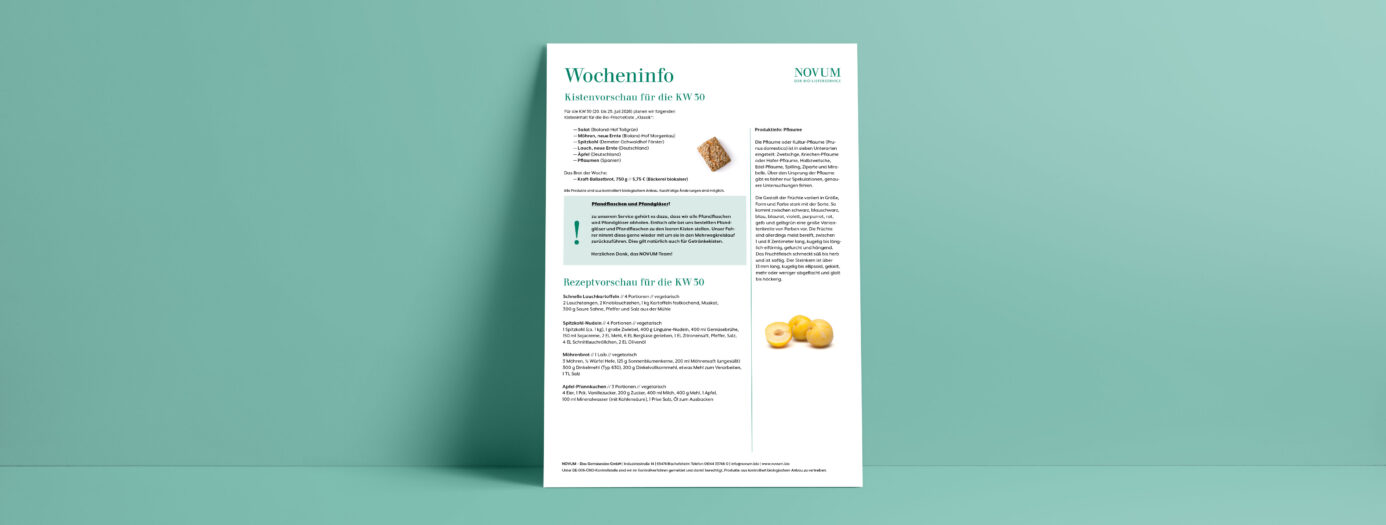 Vorschau eines Informationsblatts von NOVUM – Der Bio-Lieferservice – mit dem Titel „Wocheninfo“. Es zeigt die Kistenvorschau, Rezeptvorschläge und Produktinfos für Kalenderwoche 30/2026. Aufgelistet sind regionale Obst- und Gemüsesorten. Im Mittelteil steht ein kleiner Informationsblock mit Hinweis. Wie Pfandflachen und -gläser am Besten zurückzugeben sind. Darunter stehen Zutaten für vier Rezeptideen aufgeführt, die mit den Produkten der angekündigten Bio-FrischeKiste korrespondieren. Rechts findet sich ein Infotext über Pflaumen, die in KW30 in der Kiste sein werden. Darunter ist die Abbildung mehrerer gelber Pflaumen zu sehen, von denen eine aufgeschnitten zu sehen ist. Das Design ist schlicht, mit grüner Akzentfarbe auf weißem Hintergrund, dargestellt auf einem hellgrünen Wandhintergrund.