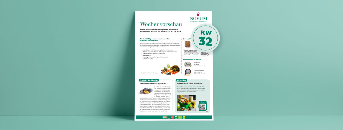 Vorschau eines Informationsblatts von NOVUM – Der Bio-Lieferservice – mit dem Titel „Wochenvorschau“. Es zeigt Inhalte für die Bio-FrischeKisten der Folgewoche – Kalenderwoche 32/2026 – zudem Rezeptvorschläge und allgemeine Produktinfos. Im Mittelteil aufgelistet sind regionale Obst- und Gemüsesorten, das Brot der Woche und das Käse-Monatsangebot. Darunter steht links ein Infotext über Zwetschgen, die in KW32 in der Kiste sein werden. Darunter ist die Abbildung mehrerer Zwetschgen zu sehen, eine davon ist aufgeschnitten und man sieht den Kern und das gelb-grünliche Fruchtfleisch. Rechts daneben steht ein zweiter Informationsblock mit dem Hinweis auf die Themenwelt „SchulZeit“ im NOVUM-Shop. Das Design ist schlicht, mit grüner Akzentfarbe auf weißem Hintergrund, dargestellt auf einem hellgrünen Wandhintergrund.