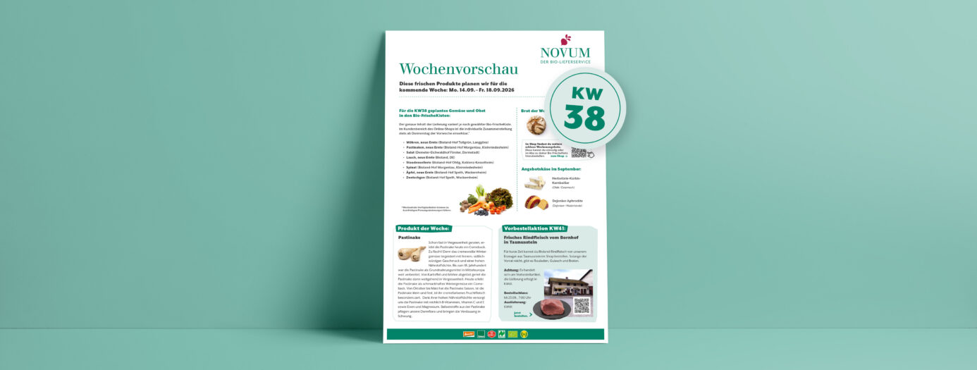 Vorschau eines Informationsblatts von NOVUM – Der Bio-Lieferservice – mit dem Titel „Wochenvorschau“. Es zeigt Inhalte für die Bio-FrischeKisten der Folgewoche – Kalenderwoche 38/2026 – zudem Rezeptvorschläge und allgemeine Produktinfos. Im Mittelteil aufgelistet sind regionale Obst- und Gemüsesorten, das Brot der Woche und das Käse-Monatsangebot. Darunter steht links ein Infotext über Pastinaken, die in KW38 in der Kiste sein werden. Darunter ist die Abbildung zweier Pastinaken zu sehen. Rechts daneben steht ein zweiter Informationsblock mit dem Hinweis auf eine Vorbestellaktion für frisches Rindfleisch vom regionalen Erzeuger Bornhof aus Taunusstein. Das Design ist schlicht, mit grüner Akzentfarbe auf weißem Hintergrund, dargestellt auf einem hellgrünen Wandhintergrund.