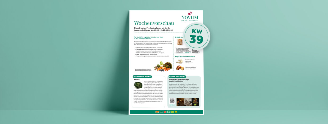 Vorschau eines Informationsblatts von NOVUM – Der Bio-Lieferservice – mit dem Titel „Wochenvorschau“. Es zeigt Inhalte für die Bio-FrischeKisten der Folgewoche – Kalenderwoche 39/2026 – zudem Rezeptvorschläge und allgemeine Produktinfos. Im Mittelteil aufgelistet sind regionale Obst- und Gemüsesorten, das Brot der Woche und das Käse-Monatsangebot. Darunter steht links ein Infotext über Wirsing, der in KW39 in der Kiste sein wird. Darunter ist die Abbildung eines Wirsings zu sehen. Rechts daneben steht ein zweiter Informationsblock mit dem Hinweis auf regional kultivierte Kräuterseitlinge aus Mainz-Finthen, die man im NOVUM-Shop bestellen kann. Das Design ist schlicht, mit grüner Akzentfarbe auf weißem Hintergrund, dargestellt auf einem hellgrünen Wandhintergrund.