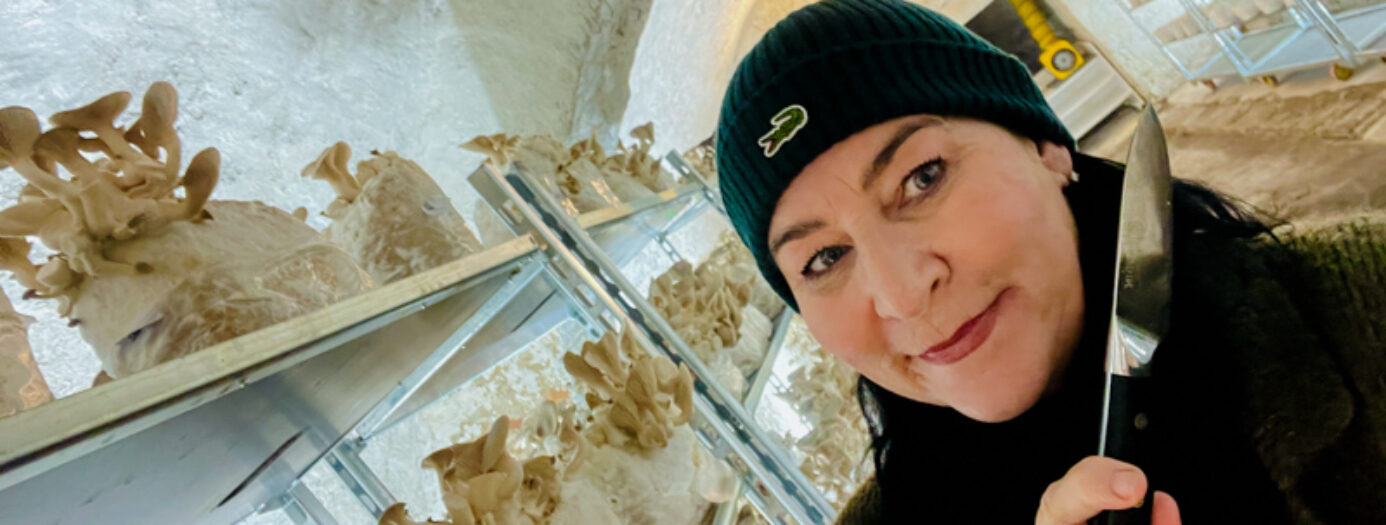 Martina Jansky steht mit einer Mütze und im dunklen Pullover, im Vordergrund des Bildes. Hinter ihr sieht man den Gewölbekeller in dem die Koenigspilze kultiviert werden. Rechts und links hinter ihr sieht man Metallregale mit Pilz-Substraten. auf einigen wachsen bereits Pilze die zur Ernte bereit sind. Martina Jansky hat ein Messer in der Hand, mit dem sie die Pilze nun ernten wird.