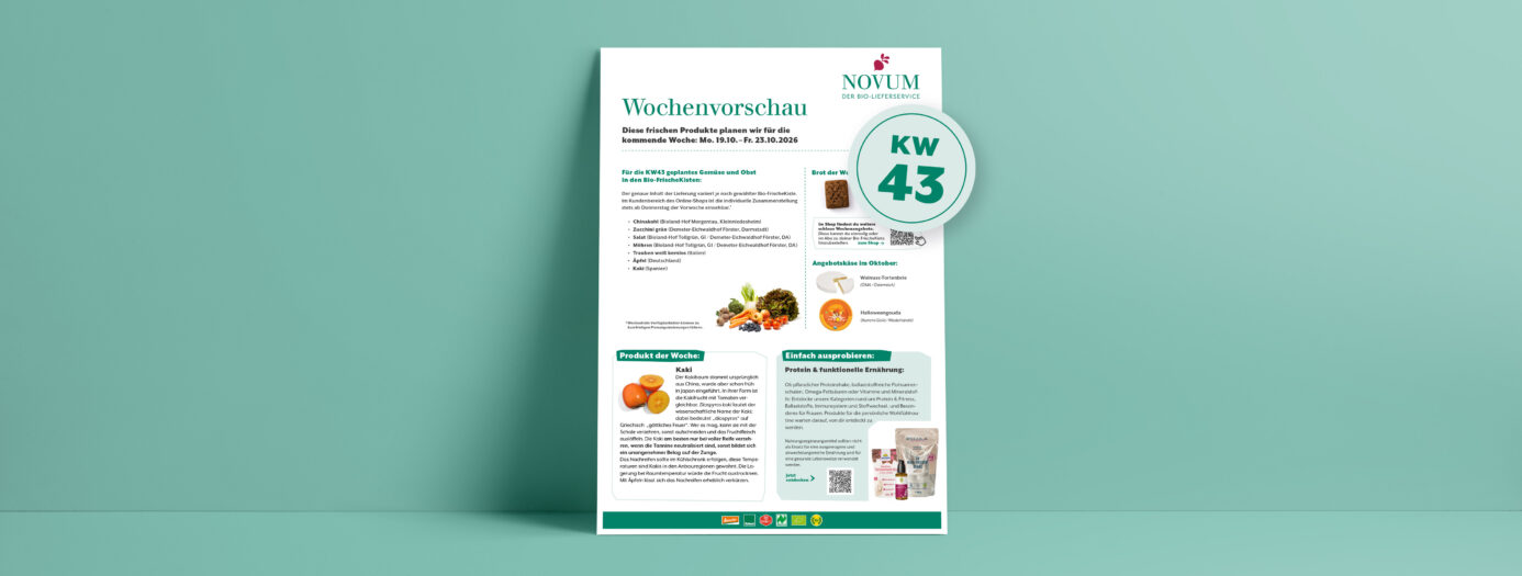 Vorschau eines Informationsblatts von NOVUM – Der Bio-Lieferservice – mit dem Titel „Wochenvorschau“. Es zeigt Inhalte für die Bio-FrischeKisten der Folgewoche – Kalenderwoche 43/2026 – zudem Rezeptvorschläge und allgemeine Produktinfos. Im Mittelteil aufgelistet sind regionale Obst- und Gemüsesorten, das Brot der Woche und das Käse-Monatsangebot. Darunter steht links ein Infotext über die Kaki-Frucht, die in KW43 in der Kiste sein wird. Darunter ist die Abbildung mehrerer Kakis zu sehen. Rechts daneben steht ein zweiter Informationsblock mit dem Hinweis auf neue Protein- und Fitness-Ernährungsprodukte, die ab sofort im NOVUM-Shop erhältlich sind. Das Design ist schlicht, mit grüner Akzentfarbe auf weißem Hintergrund, dargestellt auf einem hellgrünen Wandhintergrund.
